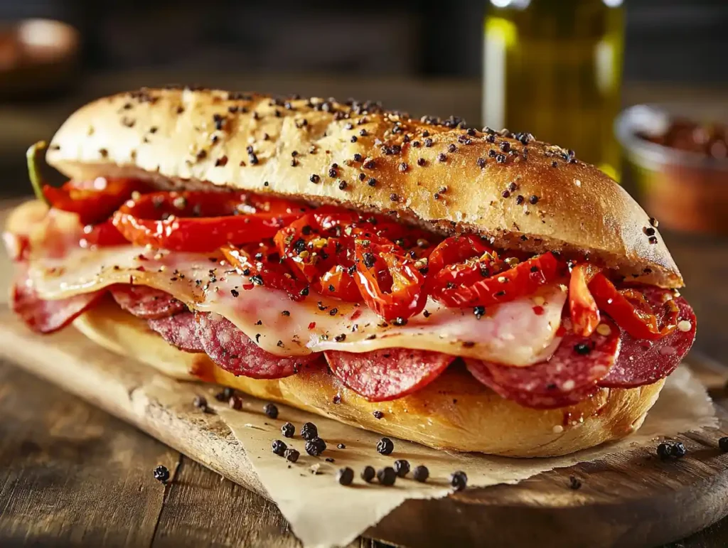 Close-up of a capicola and soppressata sandwich with provolone cheese and vinegar peppers on a seeded Italian roll, served on a wooden board.