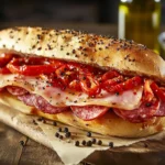 Close-up of a capicola and soppressata sandwich with provolone cheese and vinegar peppers on a seeded Italian roll, served on a wooden board.
