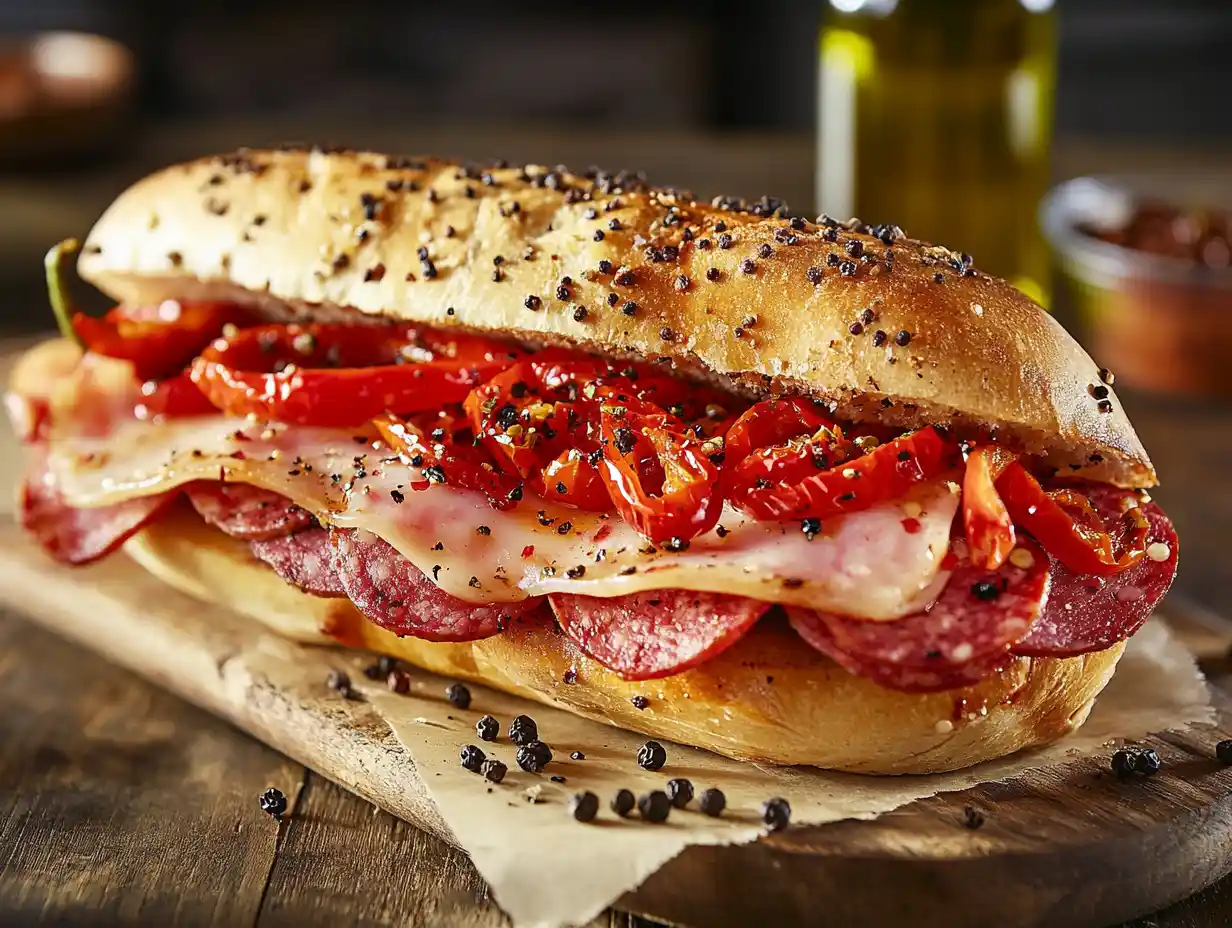 Close-up of a capicola and soppressata sandwich with provolone cheese and vinegar peppers on a seeded Italian roll, served on a wooden board.