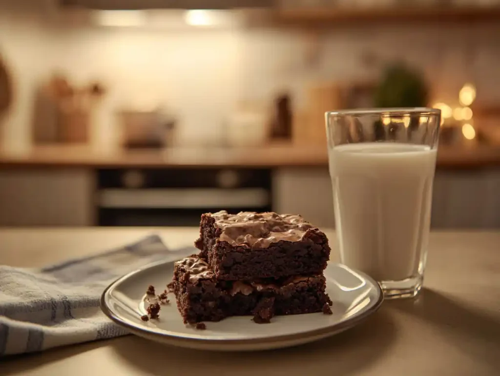 Served chewy brownies on a plate with a glass of milk