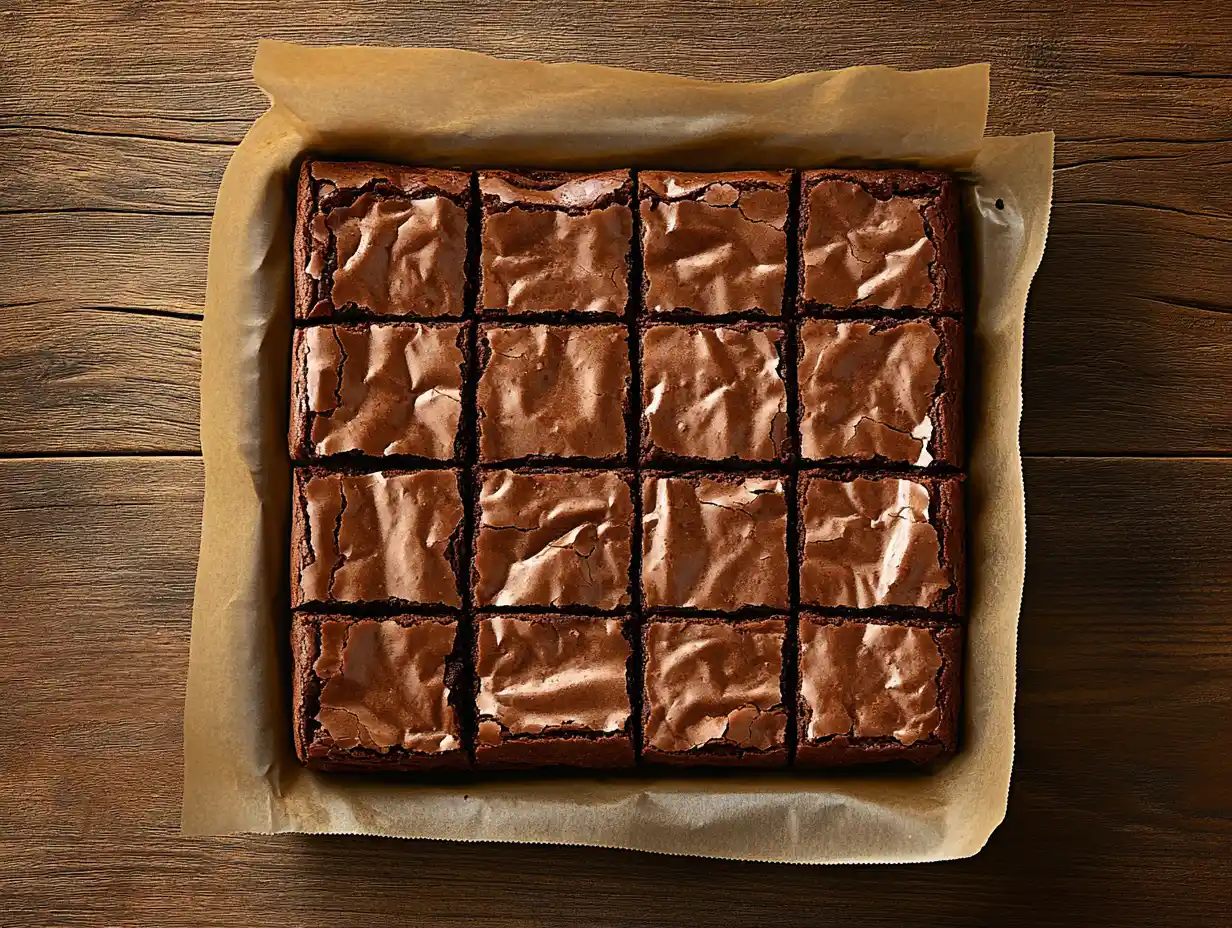 Freshly baked chewy brownies in a tray with crinkly tops