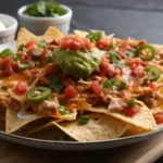 A plate of loaded chicken nachos with melted cheese, diced tomatoes, jalapeños, guacamole, and sour cream.