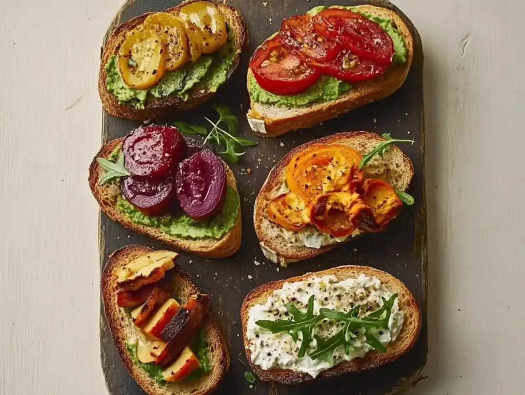Assorted open-faced knob sandwiches on toasted bread, topped with vibrant vegetables like tomatoes, beets, squash, and greens, arranged on a dark serving board.