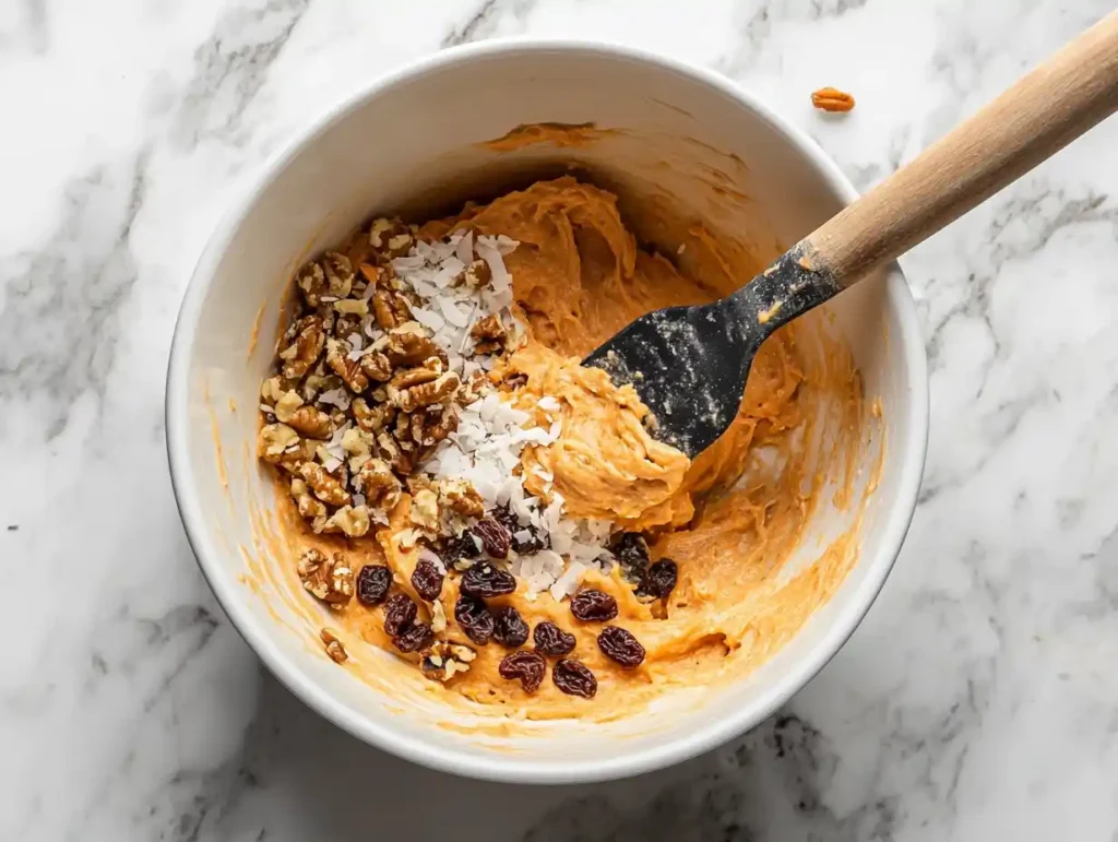 Folding in walnuts, coconut, and raisins