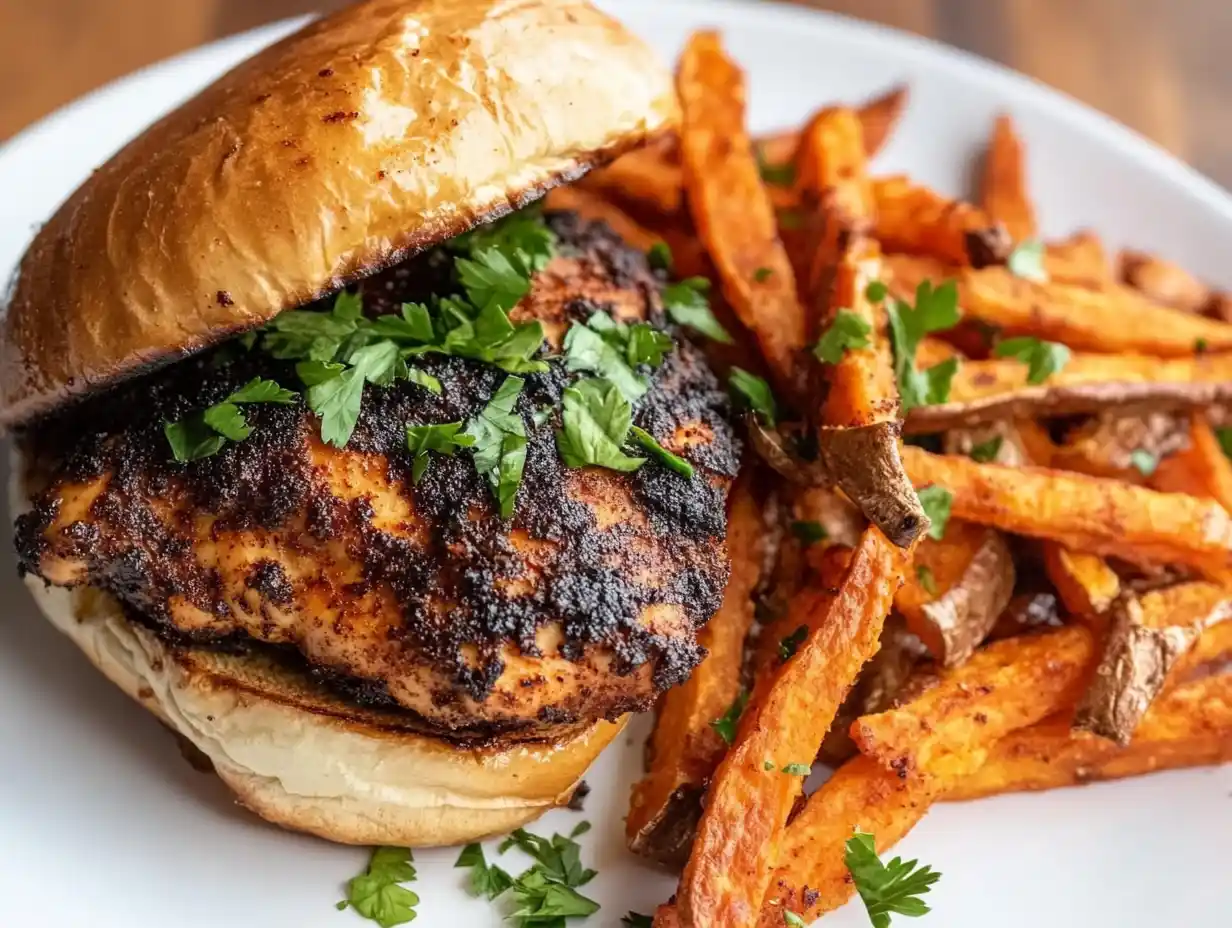 Blackened chicken sandwich served with fries