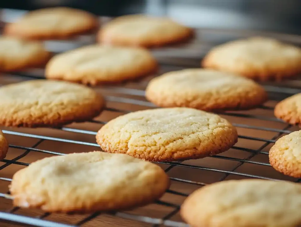 Baked sugar cookies cooling on wire rack