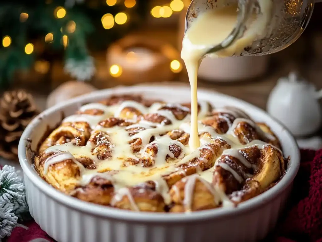 Icing drizzled over freshly baked cinnamon roll french toast