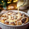 Icing drizzled over freshly baked cinnamon roll french toast