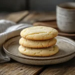 Soft and chewy sugar cookies stacked on a ceramic plate with tea on a rustic wooden table