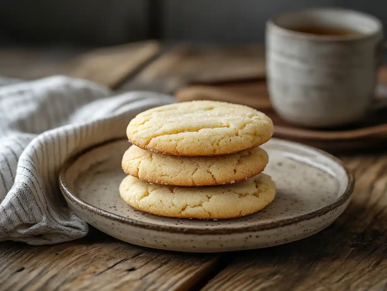 Soft and chewy sugar cookies stacked on a ceramic plate with tea on a rustic wooden table