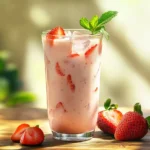 Creamy strawberry fresca in a glass with ice