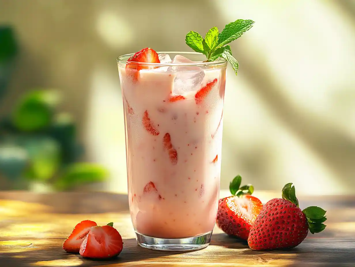 Creamy strawberry fresca in a glass with ice