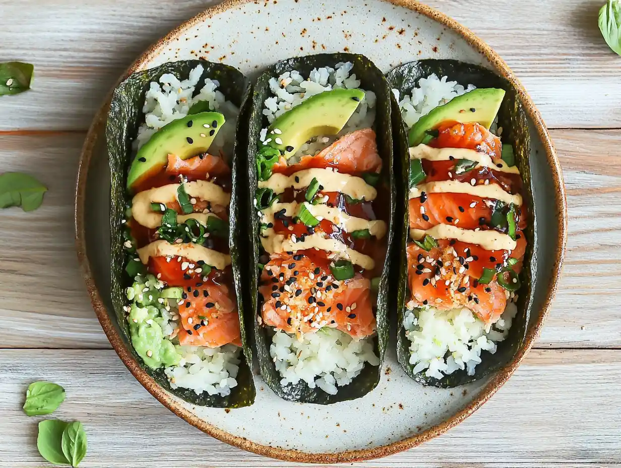 Sushi tacos served with nori shells, salmon, avocado, and rice