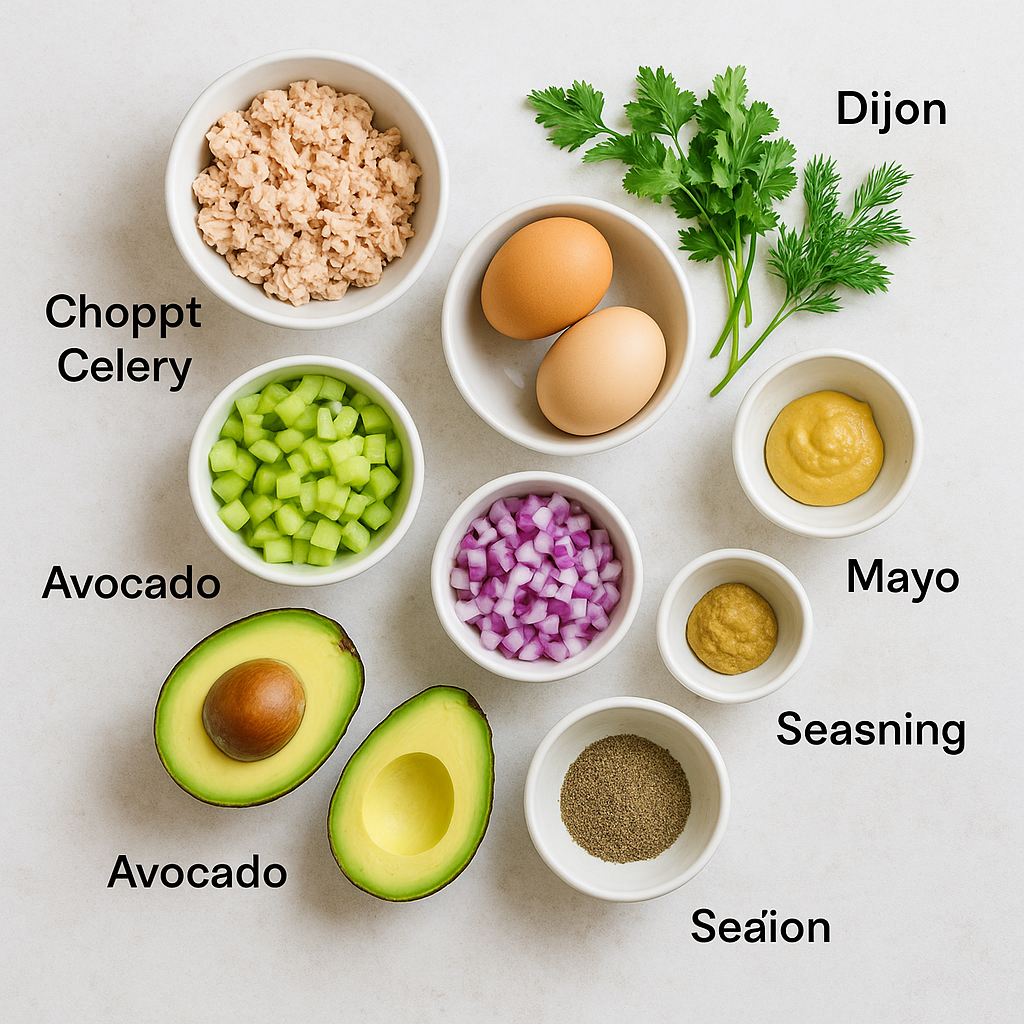 Flat-lay of egg and tuna salad ingredients on a light textured background: small white bowls hold flaked canned tuna, two hard-boiled eggs, diced celery, diced red onion, cornichon pickles, Dijon mustard, mayonnaise, and ground black pepper; fresh sprigs of dill and cilantro and two avocado halves complete the arrangement, each component labeled in clean black text.