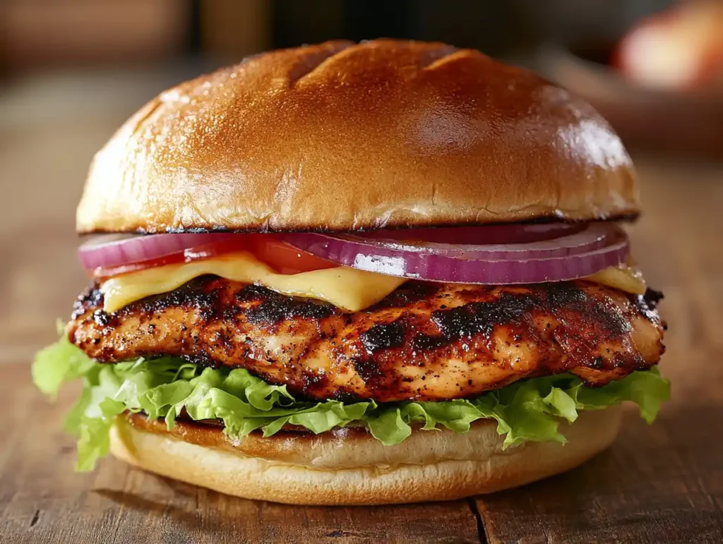 Close-up of a blackened chicken sandwich on brioche bun