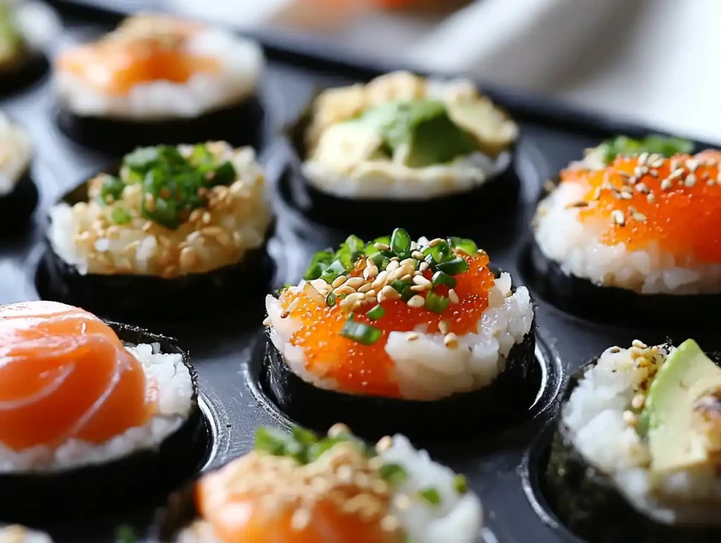 Colorful sushi cups in a muffin tin, topped with salmon, avocado, fish roe, sesame seeds, and scallions.