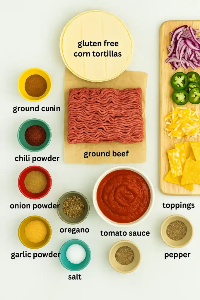 Overhead photo of labeled gluten-free taco ingredients including ground beef, corn tortillas, spices, tomato sauce, and toppings on a white background.