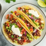 Plate of three gluten-free ground beef tacos with corn tortillas, topped with diced tomatoes, red onions, guacamole, sour cream, and fresh cilantro.