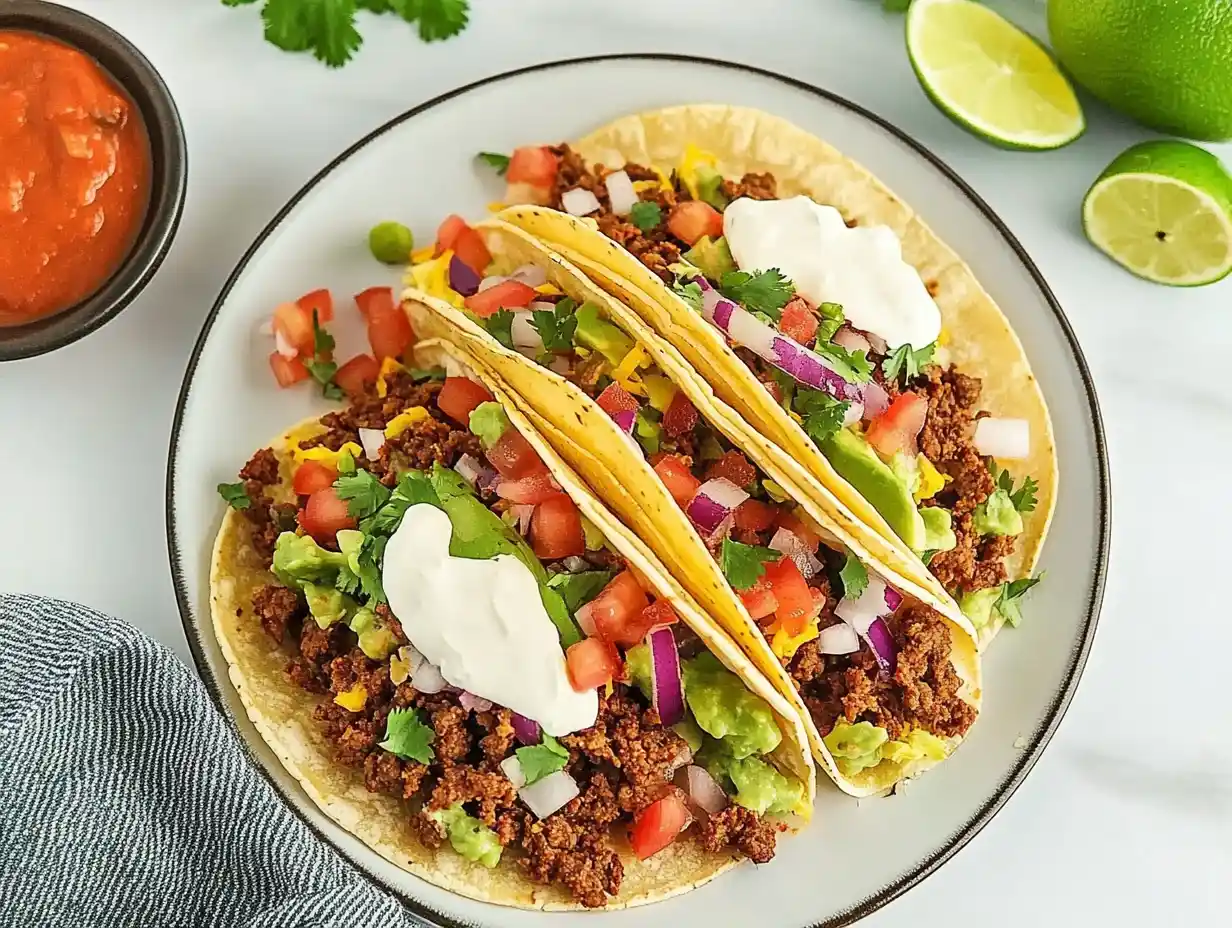 Plate of three gluten-free ground beef tacos with corn tortillas, topped with diced tomatoes, red onions, guacamole, sour cream, and fresh cilantro.