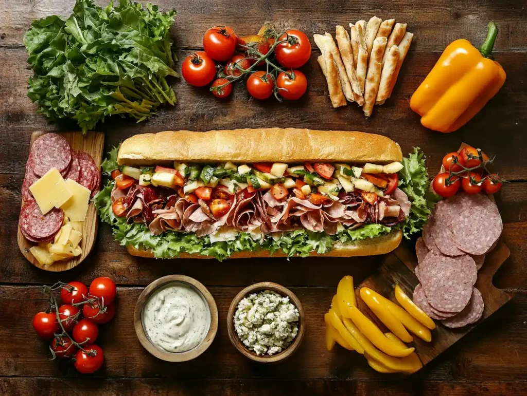 Chopped Italian sandwich with cold cuts and vegetables on crusty bread