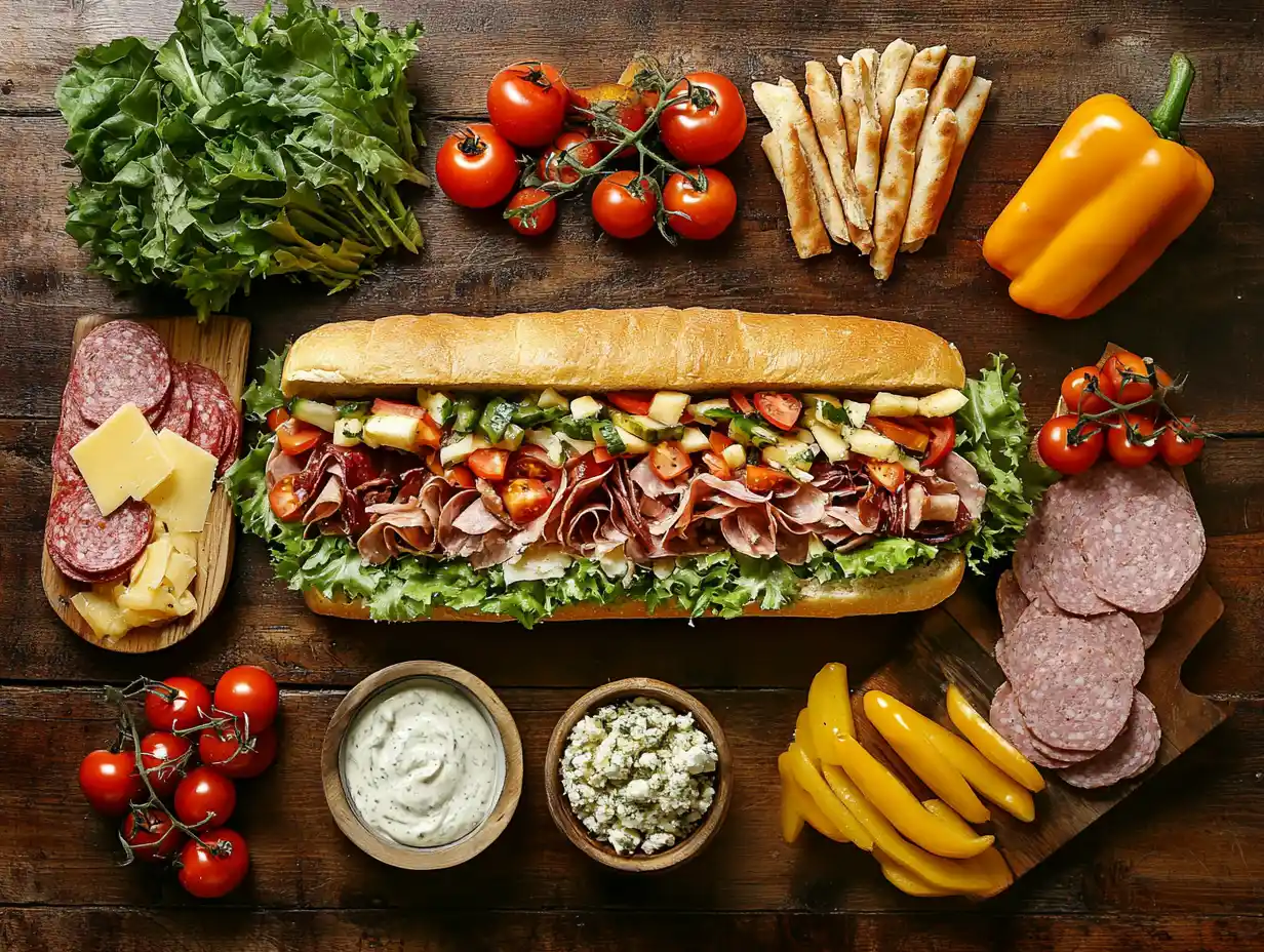 Chopped Italian sandwich with cold cuts and vegetables on crusty bread