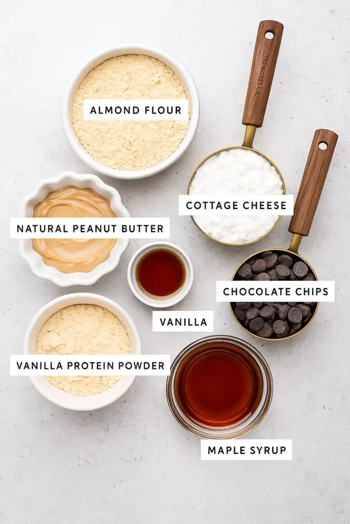 A top-down view of seven labeled baking ingredients in bowls and measuring cups on a light gray background, including almond flour, cottage cheese, natural peanut butter, vanilla, chocolate chips, vanilla protein powder, and maple syrup.