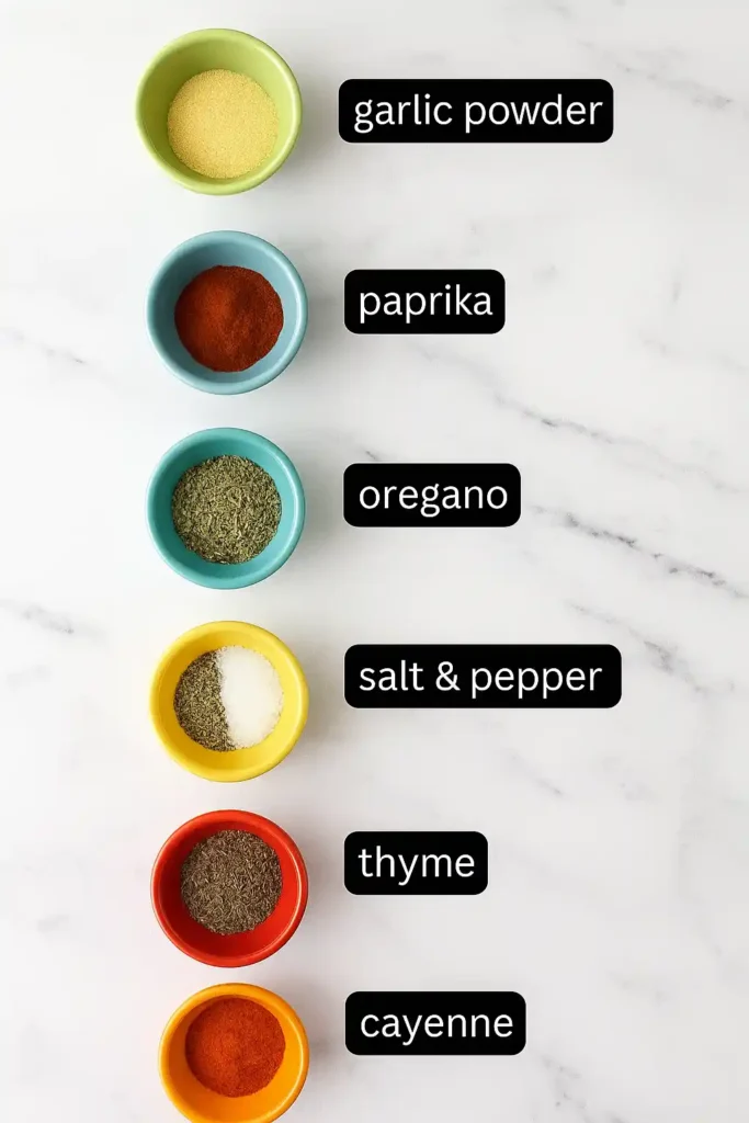 Top-down view of six small, colorful ceramic bowls arranged vertically on a white marble surface, each containing and labeled with garlic powder, paprika, oregano, salt & pepper, thyme, and cayenne pepper.