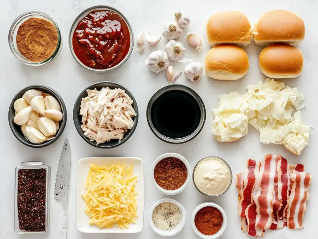 Ingredients for making pulled chicken sliders