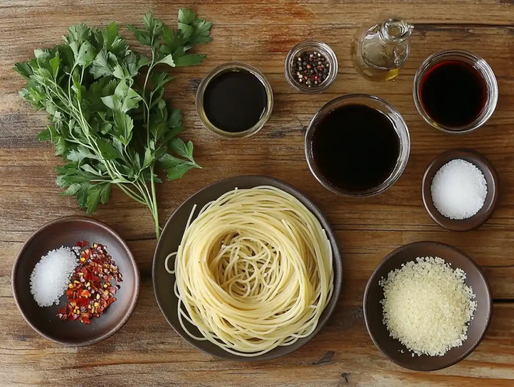 Sizzling spaghetti ingredients flat lay