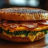 Grilled sandwich with melted cheddar, crispy bacon, and leafy greens between two thick slices of toasted multigrain bread.