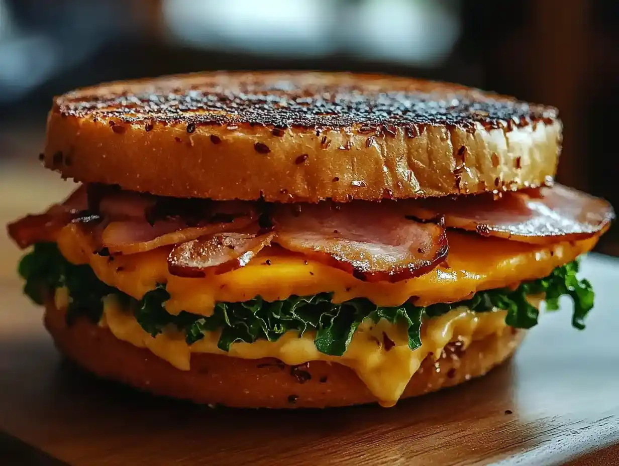 Grilled sandwich with melted cheddar, crispy bacon, and leafy greens between two thick slices of toasted multigrain bread.