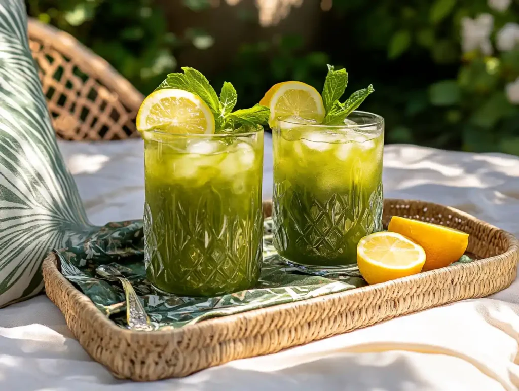 A glass of homemade matcha lemonade with ice and lemon slices