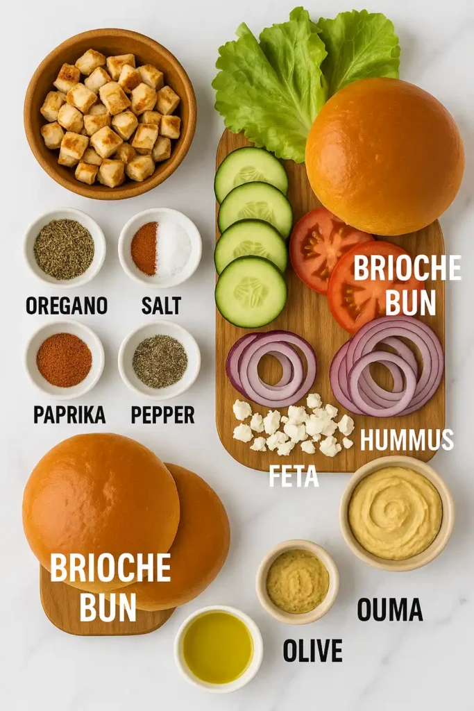 A bright flat-lay of Mediterranean chicken sandwich components on a white marble surface: a wooden board holds two golden brioche buns, lettuce leaves, tomato and cucumber slices, red onion rings, crumbled feta, and a small bowl of hummus; nearby are wooden bowls of cubed grilled chicken and olive oil, plus four small dishes of oregano, salt, paprika, and black pepper, each labeled in bold white type.