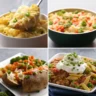 A collage of four microwave meals, including creamy rice dishes, stuffed baked potatoes, and hearty chili, all garnished with vegetables and herbs.