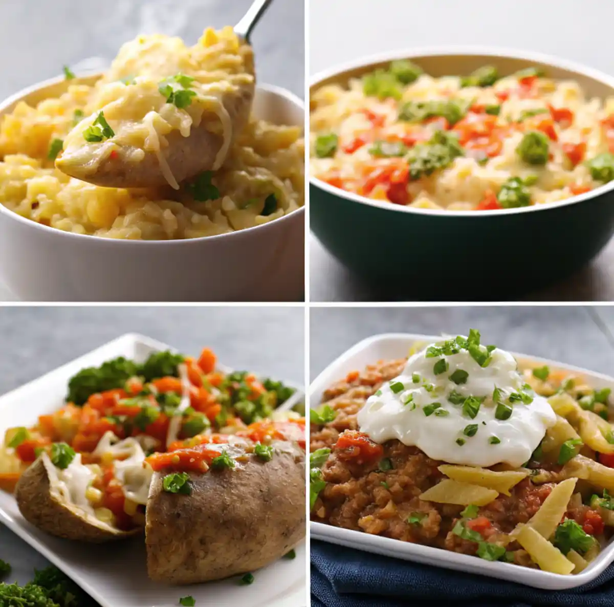 A collage of four microwave meals, including creamy rice dishes, stuffed baked potatoes, and hearty chili, all garnished with vegetables and herbs.