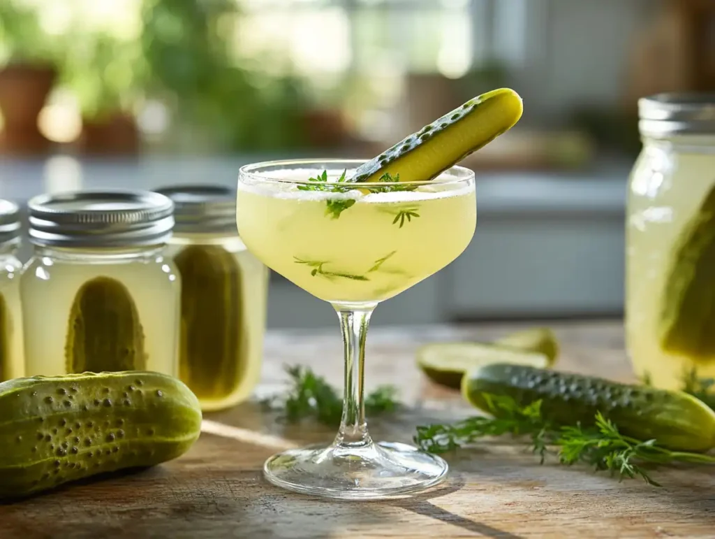 Non-alcoholic pickle martini in a chilled glass with garnish
