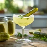 Non-alcoholic pickle martini in a chilled glass with garnish
