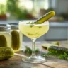 Non-alcoholic pickle martini in a chilled glass with garnish