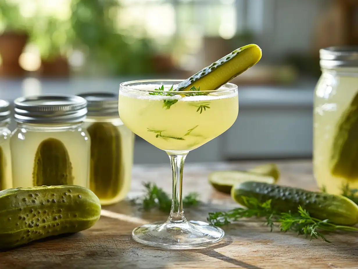 Non-alcoholic pickle martini in a chilled glass with garnish