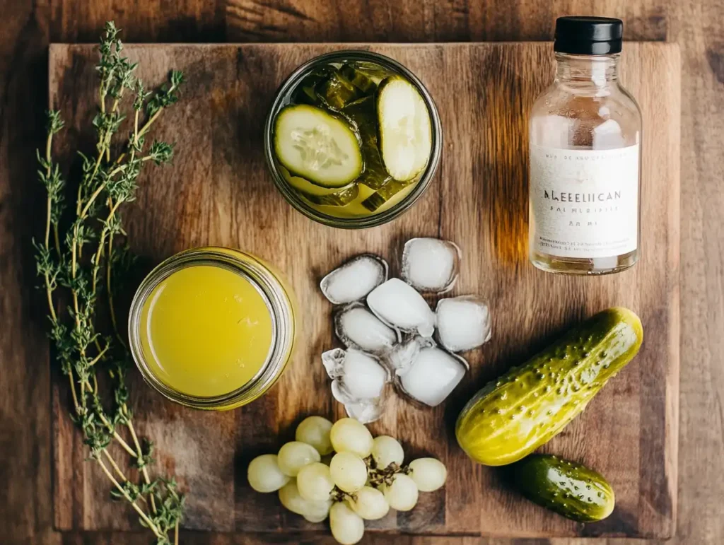 Ingredients for making a non-alcoholic pickle martini