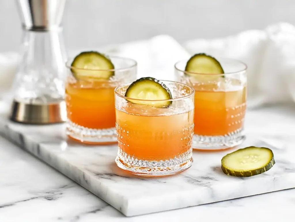 Small glasses of pickle mocktail shots on a tray