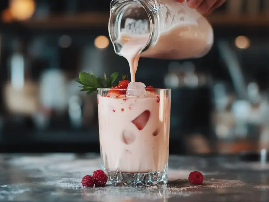 Pouring creamy strawberry fresca into a glass
