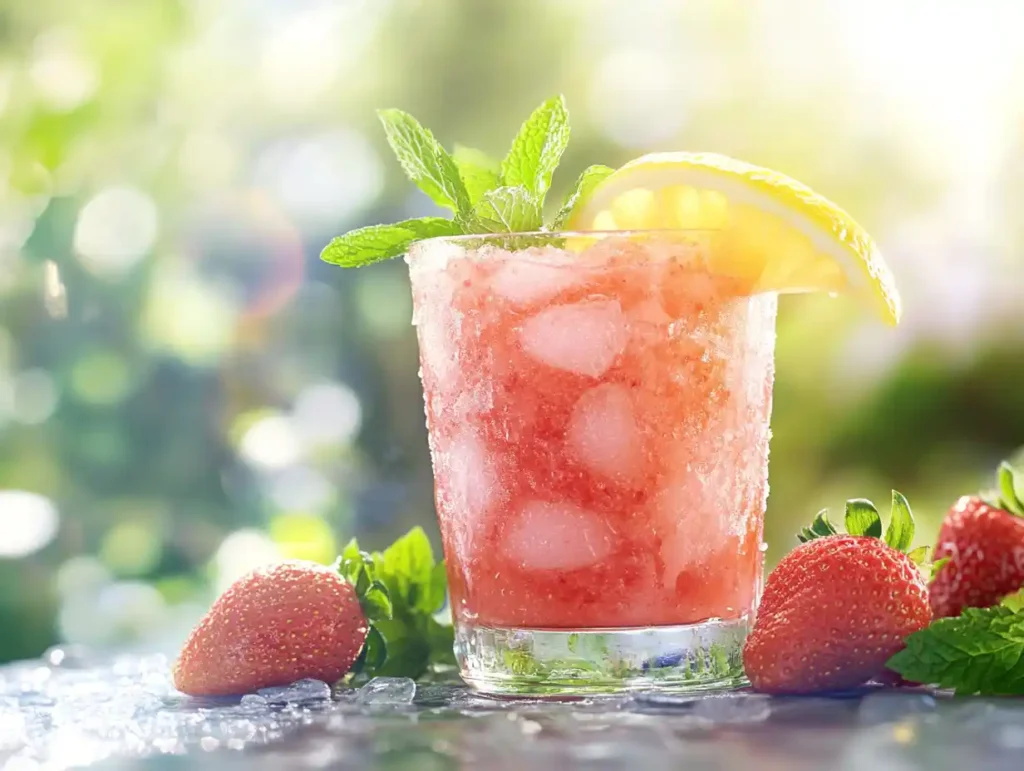 Frozen strawberry lemonade in a glass with garnish