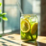 Glass of iced matcha lemonade with lemon slices and a glass straw on a wooden table