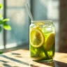 Glass of iced matcha lemonade with lemon slices and a glass straw on a wooden table