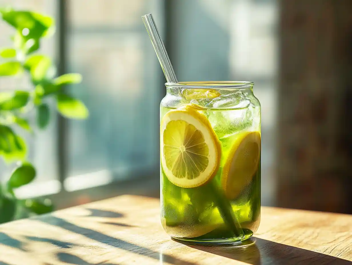 Glass of iced matcha lemonade with lemon slices and a glass straw on a wooden table