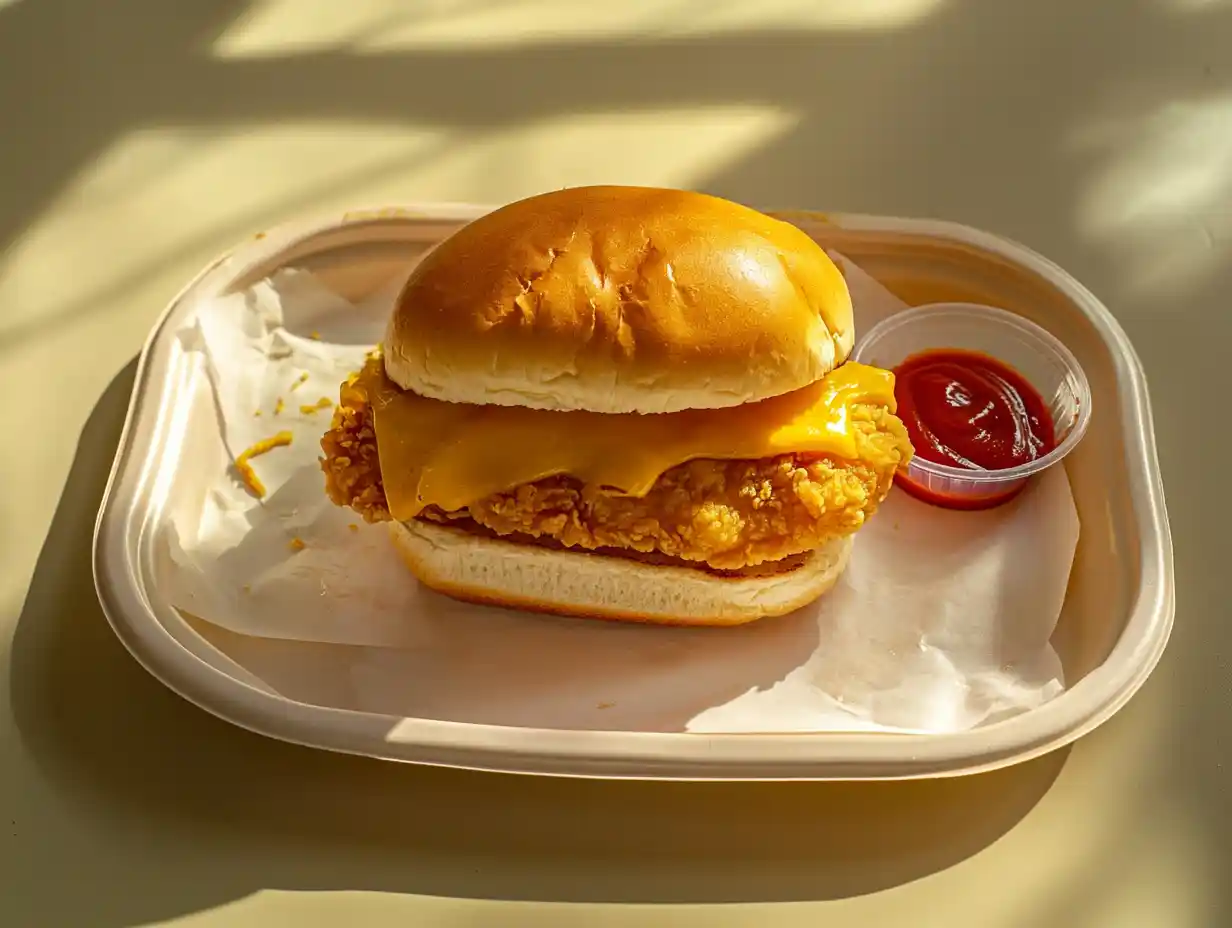 Crispy school chicken sandwich with bun and cheese