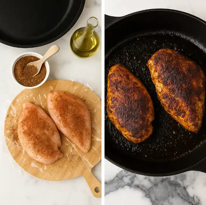 A two-panel food-photography diptych on marble: left, two raw chicken breasts on a round wooden board are evenly dusted with a reddish spice rub, with a bowl of rub and a bottle of olive oil beside them; right, the same breasts are charred and golden-brown, sizzling in a black cast-iron skillet under soft, diffused light.