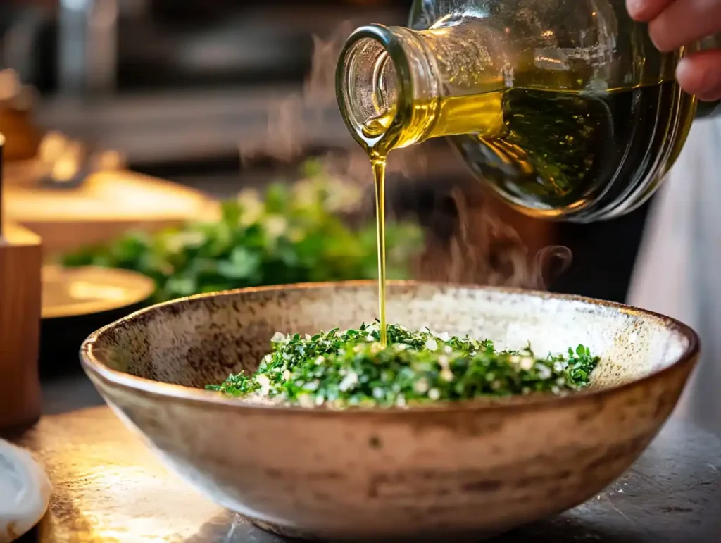 The moment it all comes together—oil meets herbs