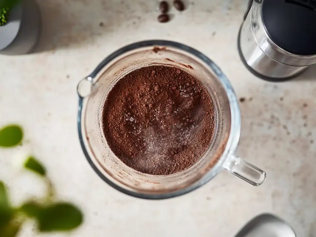 Mixing espresso grounds with water in a pitcher